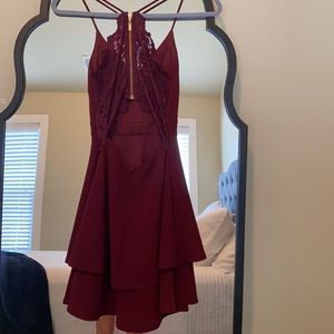 maroon open back lace mini dress